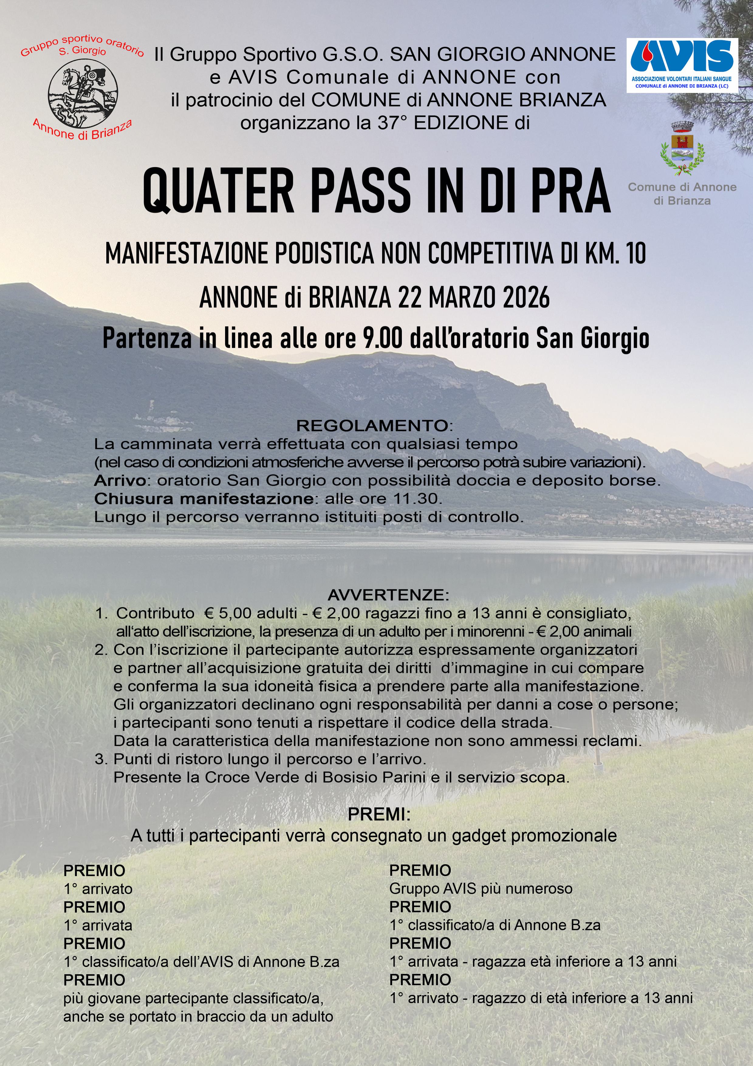 Una mattinata di SPORT e COMUNITA': torna la storica "QUATER PASS IN DI PRA" con Avis Comunale di Annone di Brianza