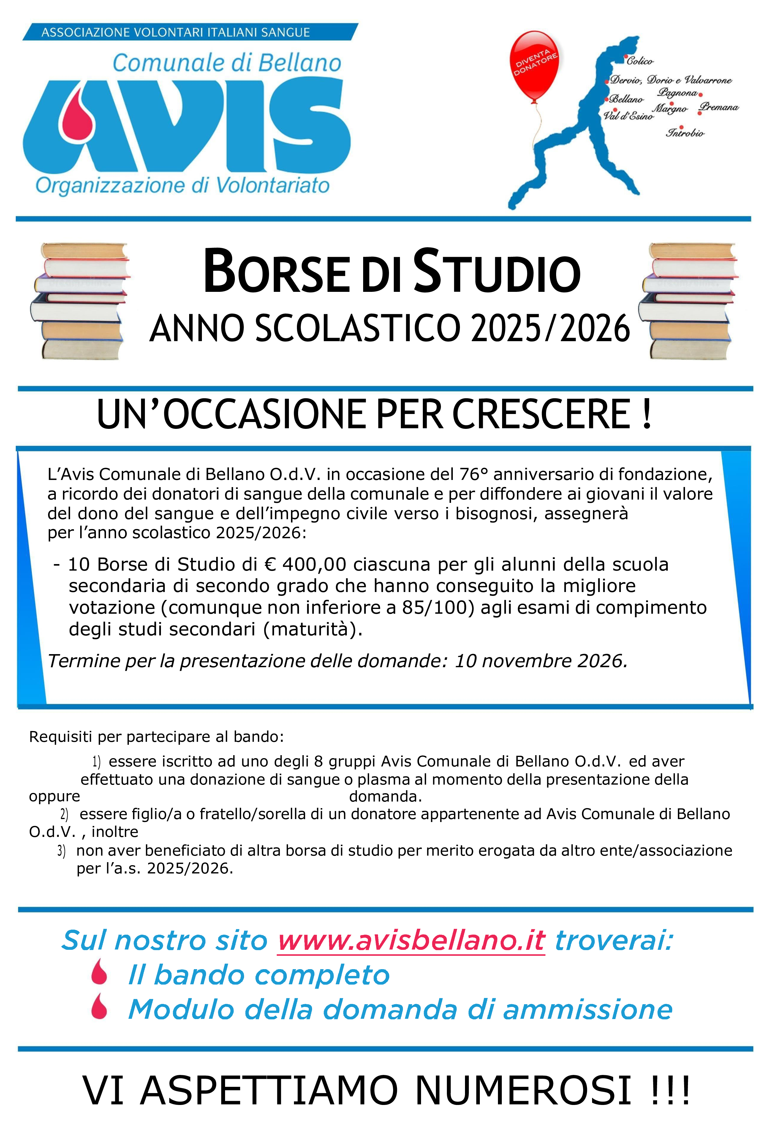 Avis Comunale di Bellano investe nel futuro: al via il bando per 10 BORSE DI STUDIO dedicate a merito, dono e solidarietà