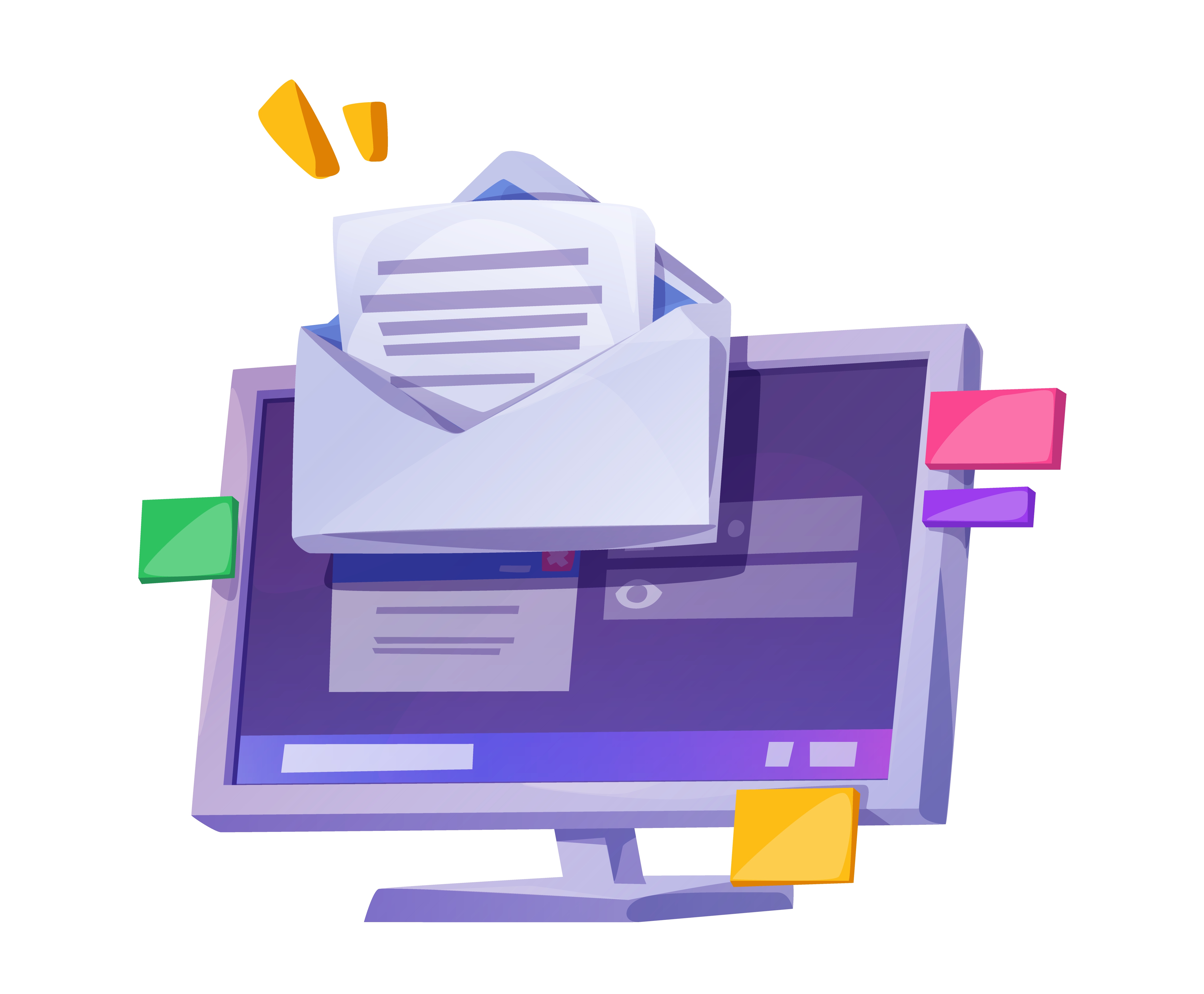 Email notification icon isolated on white background. Vector cartoon illustration of envelope with letter on computer screen, new message received, inbox alert, business software design element