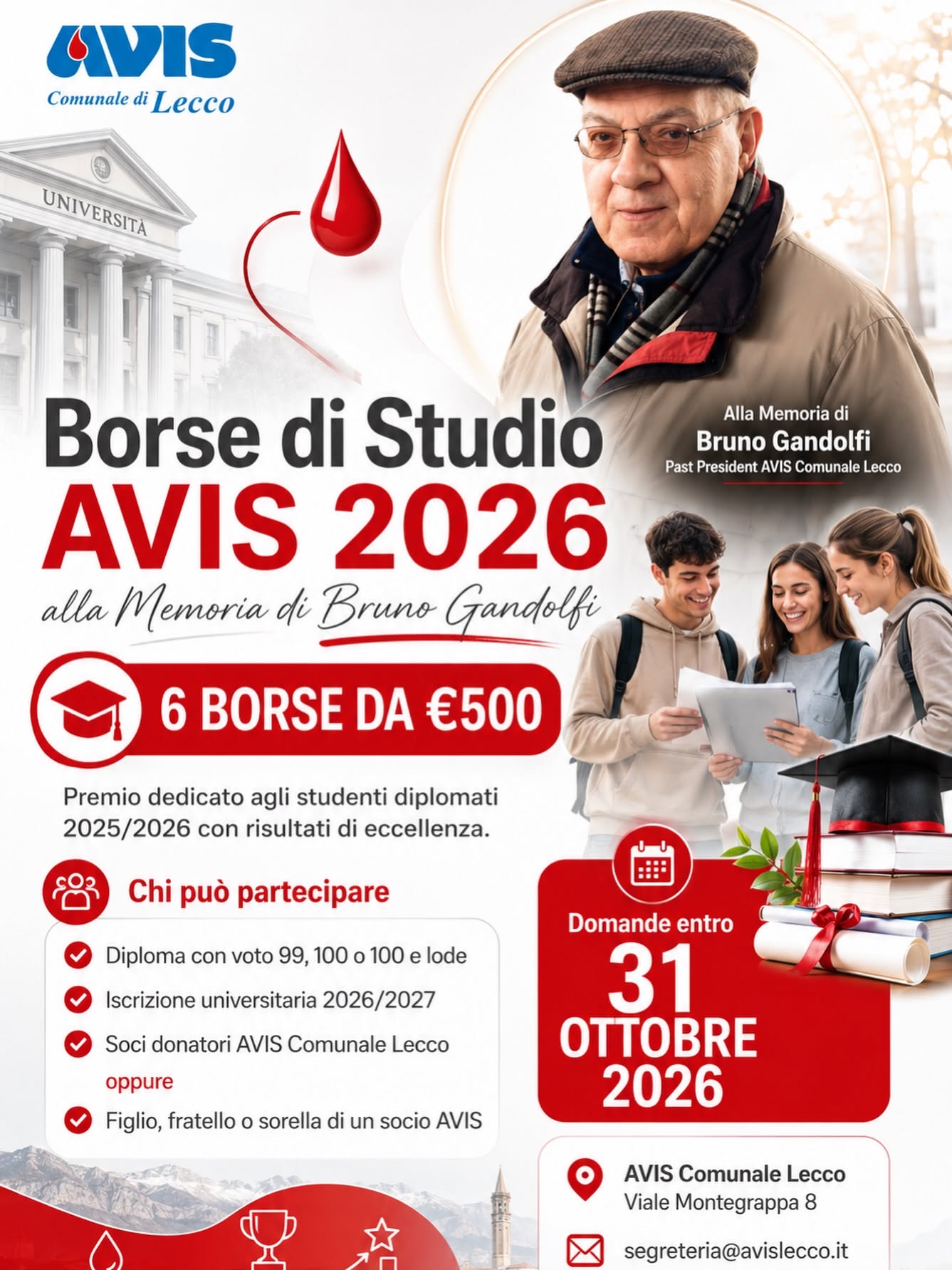 Avis Comunale di Lecco: al via il bando 2026 per le BORSE DI STUDIO "Alla Memoria di Bruno Gandolfi"