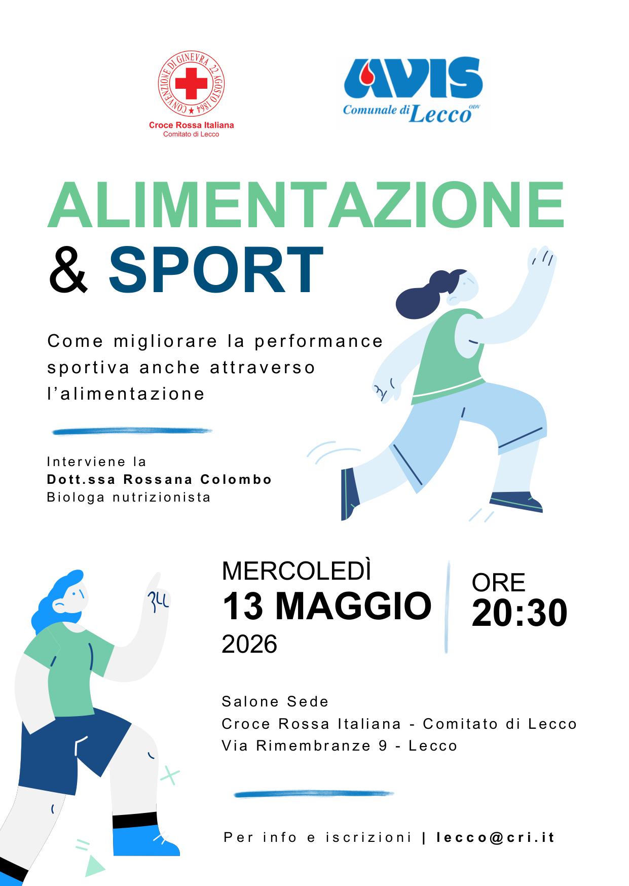 “ALIMENTAZIONE & SPORT”: incontro informativo promosso da Croce Rossa Italiana – Comitato di Lecco e Avis Comunale di Lecco